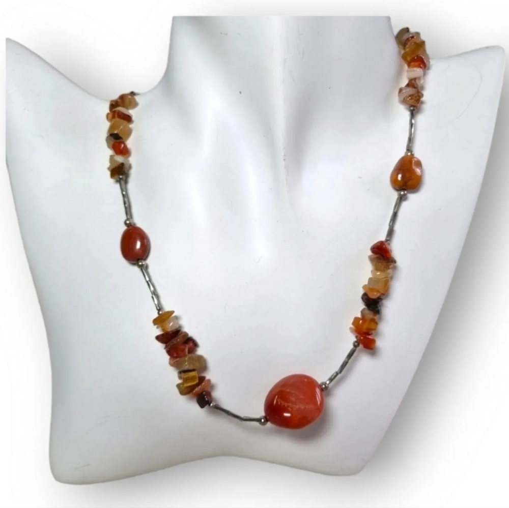 Sterling Silver Agate Necklace Amber Tone Toggle Clasp - Picture 2 of 10